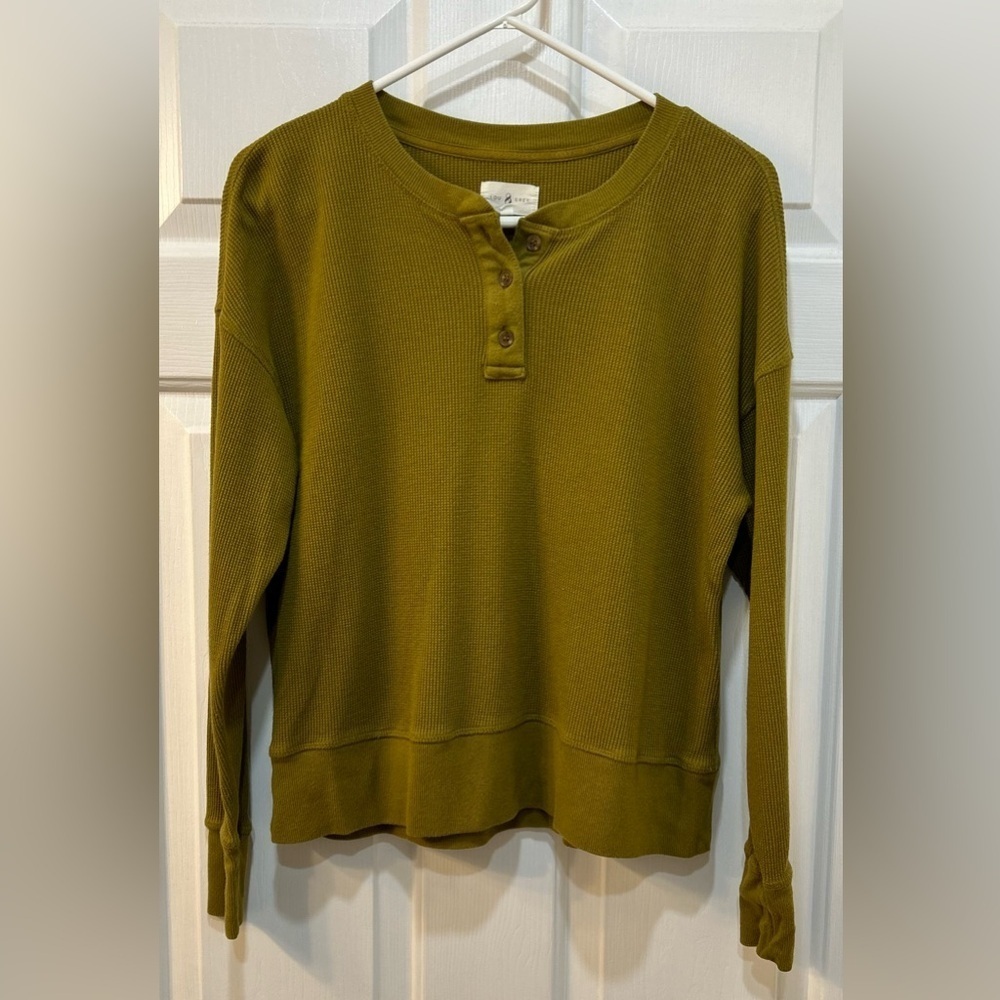 Lou Grey Waffle Knit Henley Women XS Chartreuse Cropped Boxy Casual Fall Layers